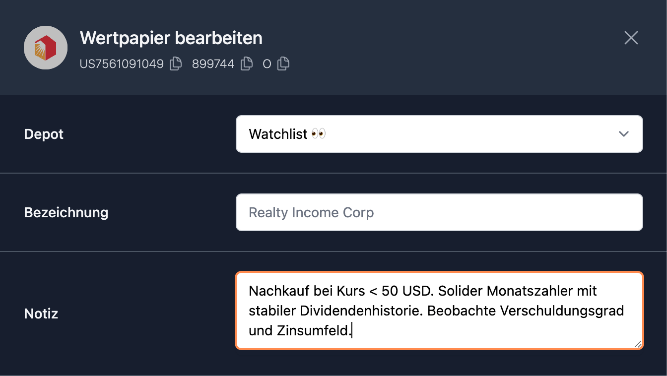 Notizen pro Wertpapier